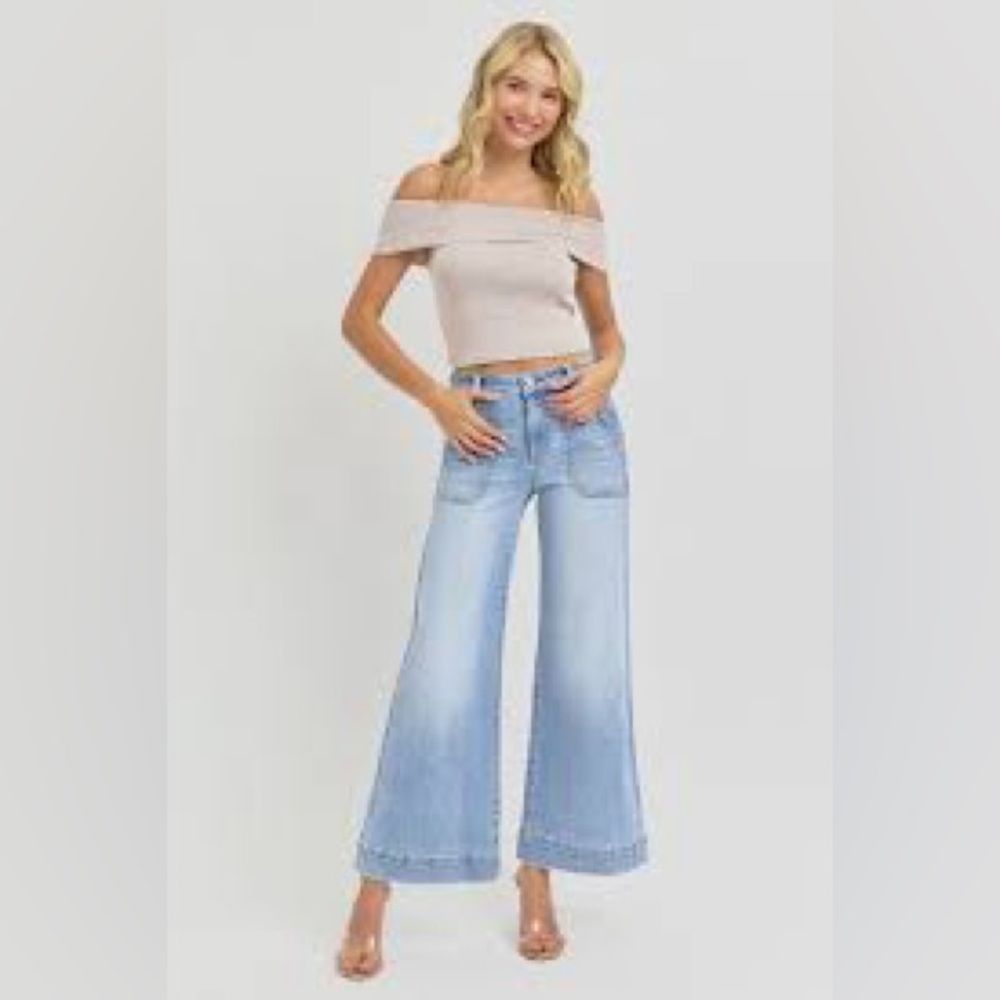 Risen Rita 27 High Rise Patch Pocket Front Wide Leg Ankle Jeans Style #RDP5855